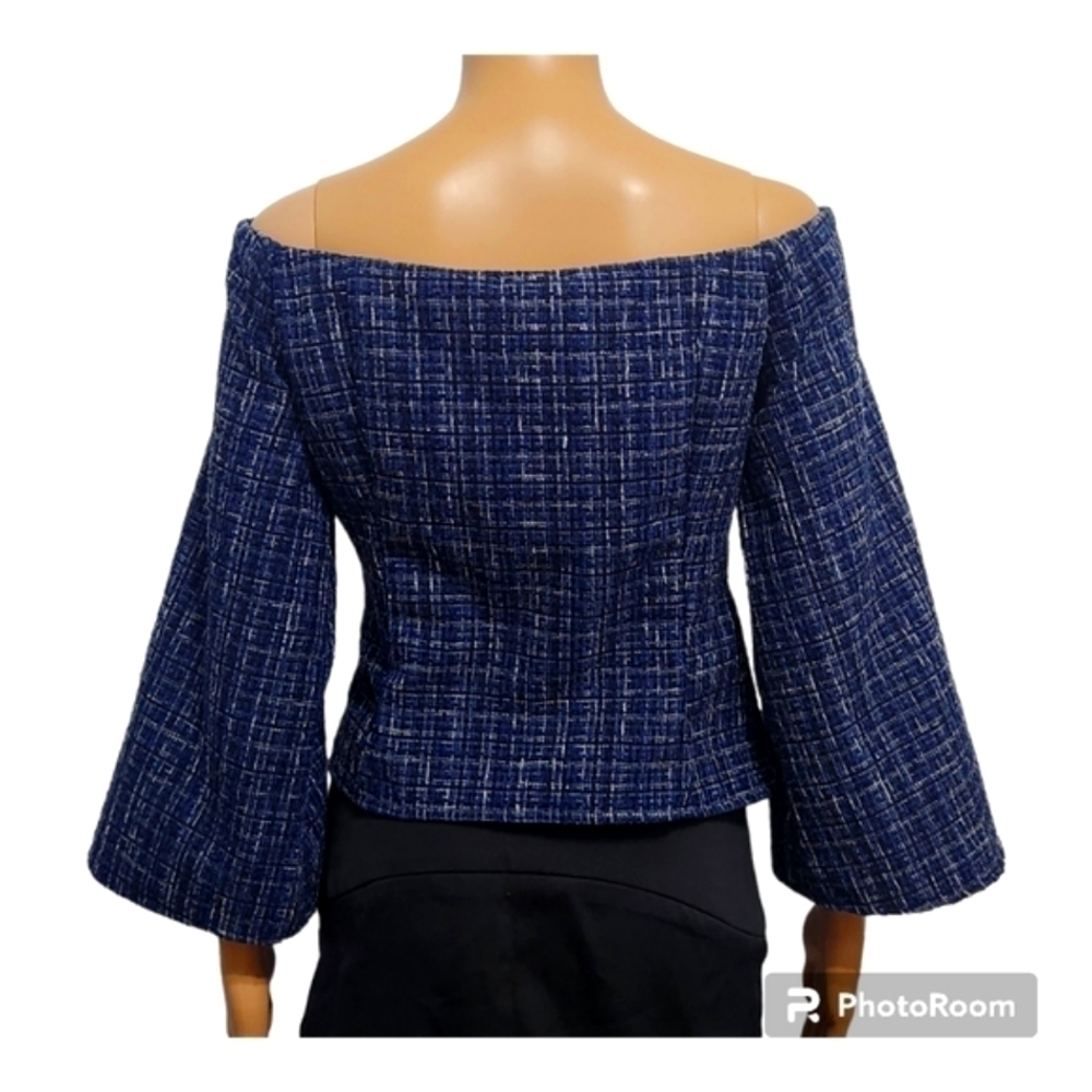 Women's Blue Tweed Textured Off The Shoulder Top Peplum Fit Size XL - Picture 4 of 11
